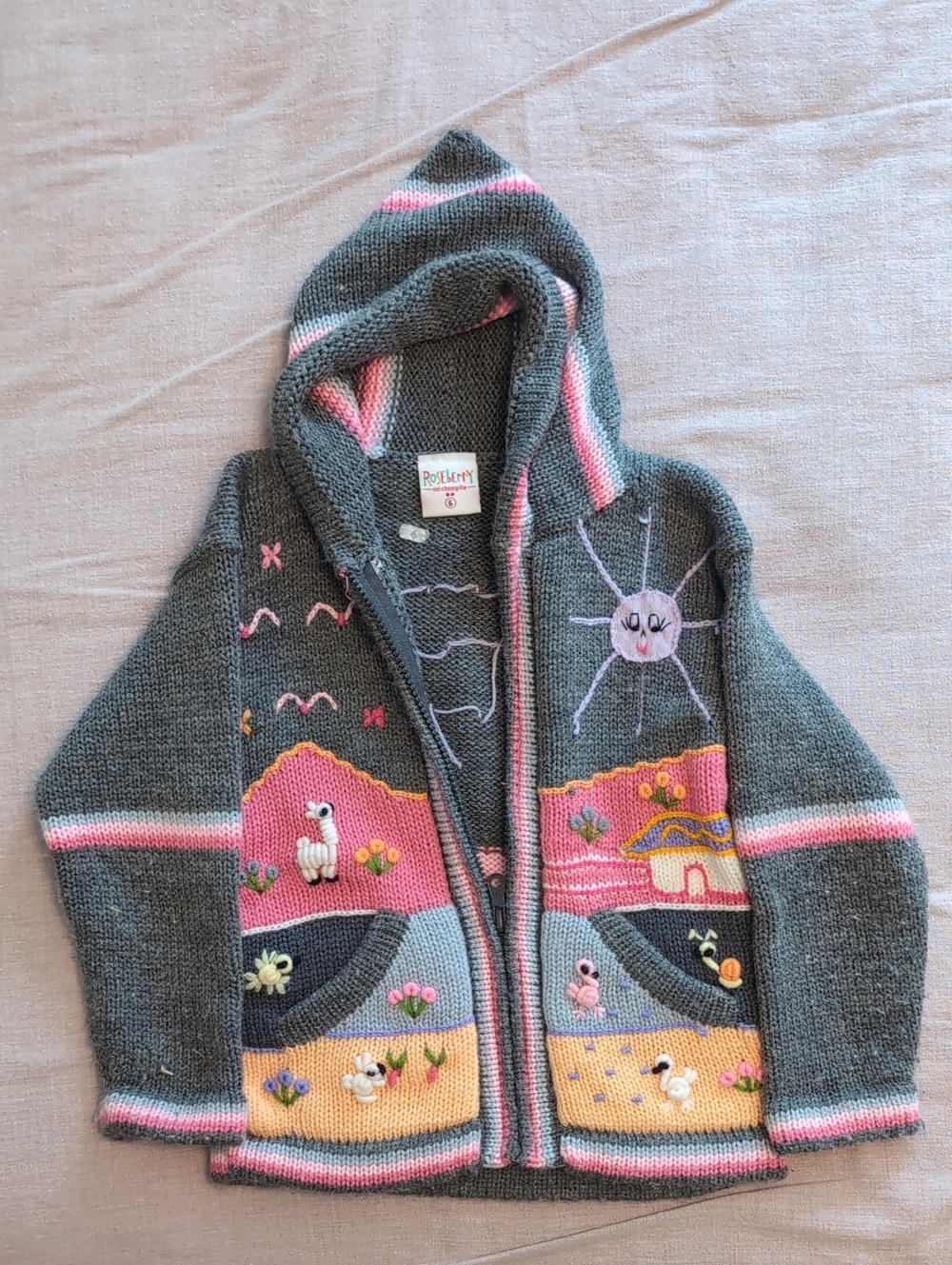 Hand Knit Gray Hooded Zip Cardigan with Pink & Yellow Accents